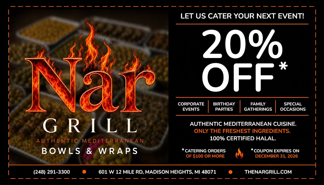 The Nar Grill catering coupon: 20% off catering orders of $100 or more, for corporate events, birthday parties, family gatherings and special occasions. Coupon expires December 31, 2026.