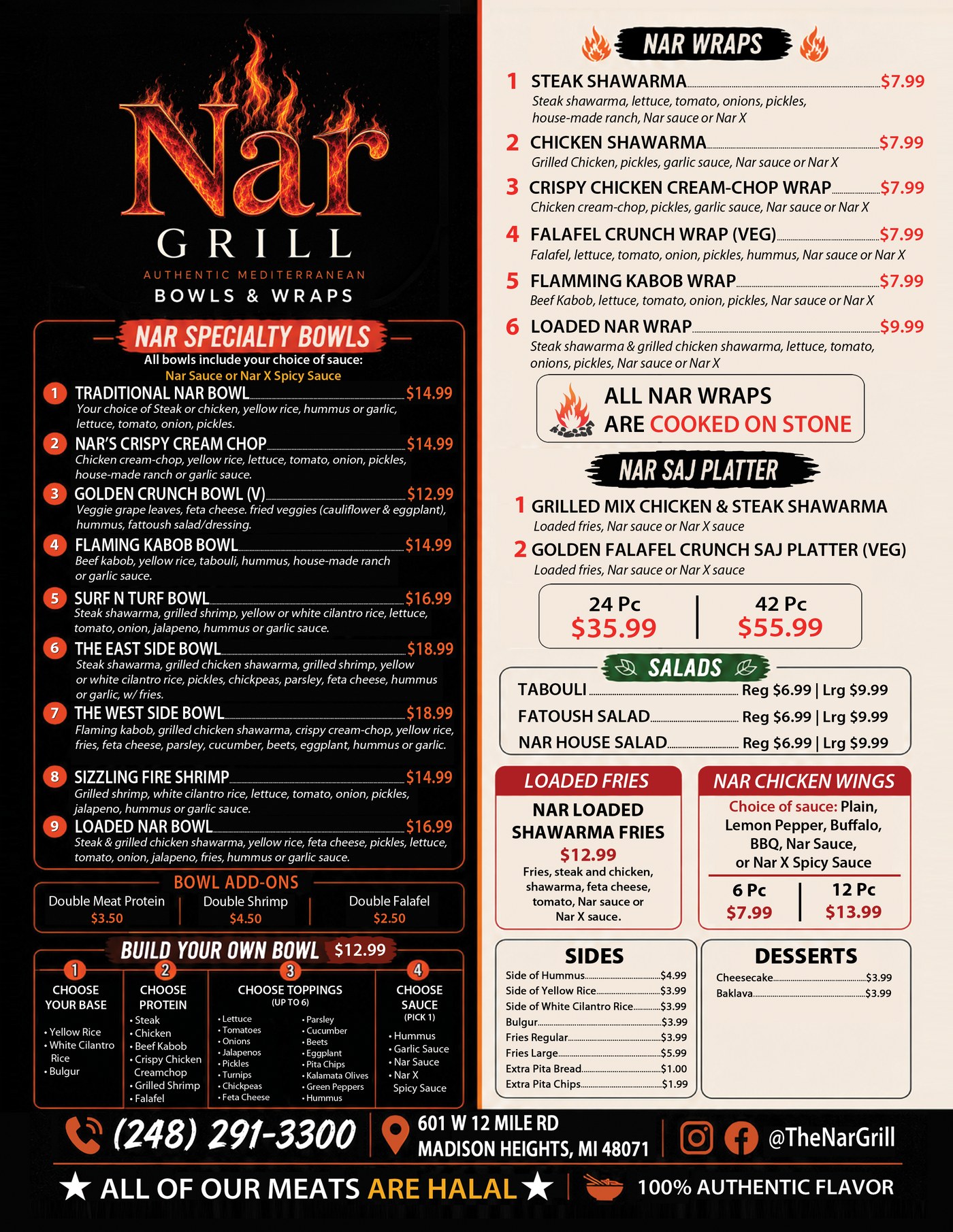 The Nar Grill full menu: Nar Specialty Bowls, Build Your Own Bowl, Nar Wraps, Nar Saj Platters, Salads, Loaded Fries, Nar Chicken Wings, Sides and Desserts